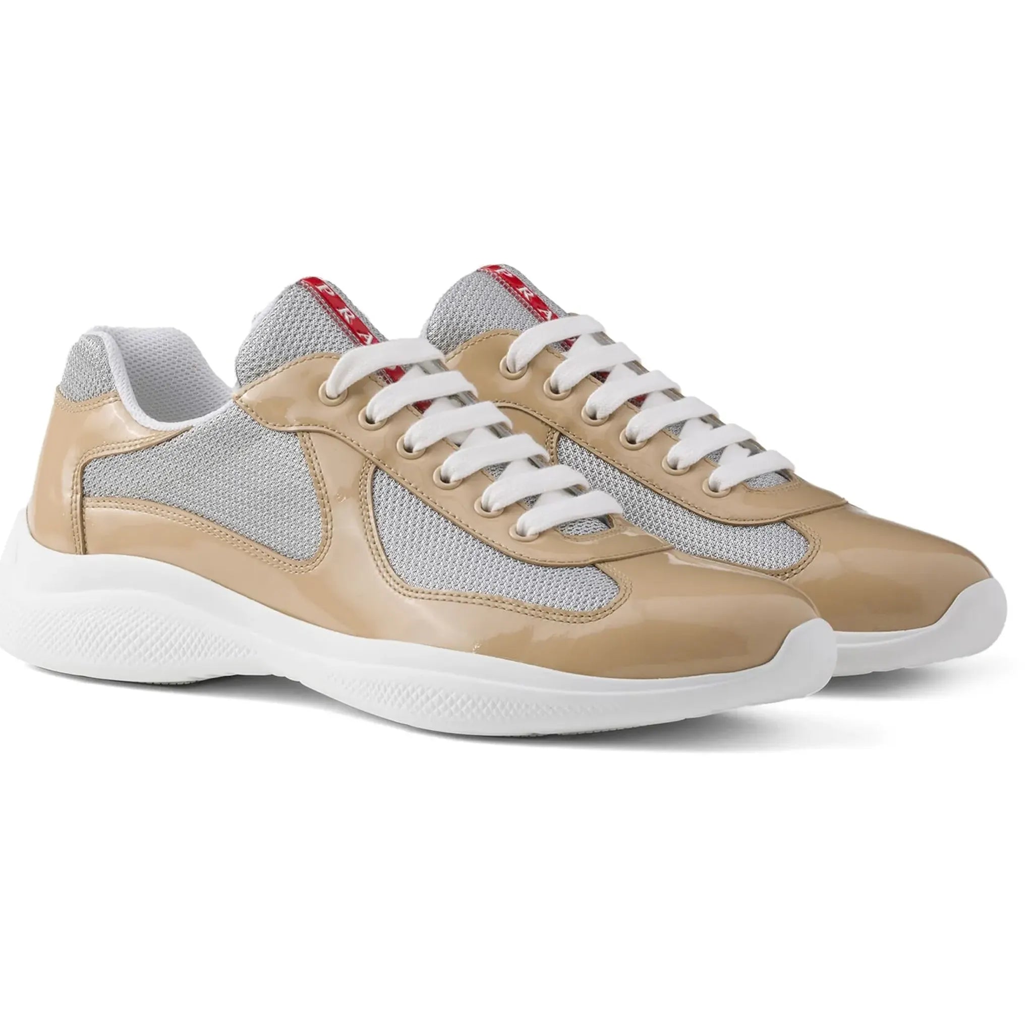 Front Side View of Prada Americas Cup Logo Patch Patent Beige Sneaker 4E3400_F_G000_ASZ_F0G0R